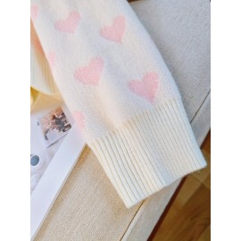 Women'S Pink Heart Sweater - Soft & Cozy Long Sleeve Pullover with Round Neck, Elegant Casual to Formal Wear, All-Season Comfort, Casual Wear Sweater | Round Neck Sweater | Soft Texture