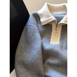 Women's Elegant Collar Zip-Up Sweater - Soft Long Sleeve Letter Detail Pullover, Cozy Fall Winter Machine Washable Casual Chic Tops, Cute Sweaters, Autumn Apparel, Subtle Color Contrast