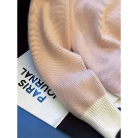 Women's Elegant Collar Zip-Up Sweater - Soft Long Sleeve Letter Detail Pullover, Cozy Fall Winter Machine Washable Casual Chic Tops, Cute Sweaters, Autumn Apparel, Subtle Color Contrast