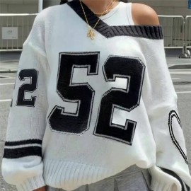 Women'S Elegant V-Neck Sweater with Heart Print - Casual Off-Shoulder Pullover, Black & White, Long Sleeve, Ribbed, Perfect for Office, College, or Casual Attire, Casual Attire Sweater | Offshoulder Fashion | Ribbed Texture