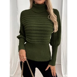 Women's High-Neck Ribbed Sweater - Olive Green Stretchy Long Sleeve Pullover, Loose Fit Textured Winter Top for Fall & Winter, Elegant Casual Chic Wardrobe Essential, Comfortable Fashion, Highneck Pullover, Soft Comfort