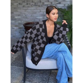 Checkerboard Pattern Casual Cardigan Sweater for Women, Long Sleeve Tops