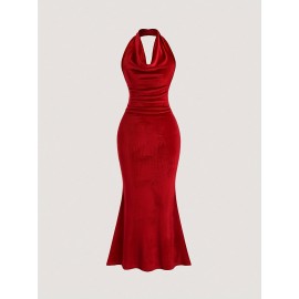 [Red Off-Shoulder Dress] Red Stretchy Off-Shoulder Mermaid Dress | Women's Elegant Bodycon Halter Neck | Polyester-Spandex Blend, Machine Washable Summer Party & Casual Outing Dress