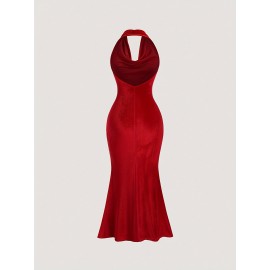 [Red Off-Shoulder Dress] Red Stretchy Off-Shoulder Mermaid Dress | Women's Elegant Bodycon Halter Neck | Polyester-Spandex Blend, Machine Washable Summer Party & Casual Outing Dress