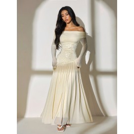[Wedding Dresses] Women's Elegant Off-the-Shoulder Formal Dress - Beige/ Long Sleeve Party Wedding Gown, Stretchy Bodycon Fit, Machine Washable Evening Attire for Women, Wedding Dresses, Holiday Outfit, Asymmetrical Skirt, Highelasticity Fabric