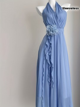 Blue Vacation Style French Floral Waist-Cinched Halter Neck Sleeveless Backless Chiffon Maxi Dress for Women, Summer