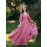 French Vintage Square Neck Puff Sleeve Dress for Women, Pink Plaid Maxi Swing Skirt in Country Style - Perfect for Holiday Getaways, Picnics and Parties