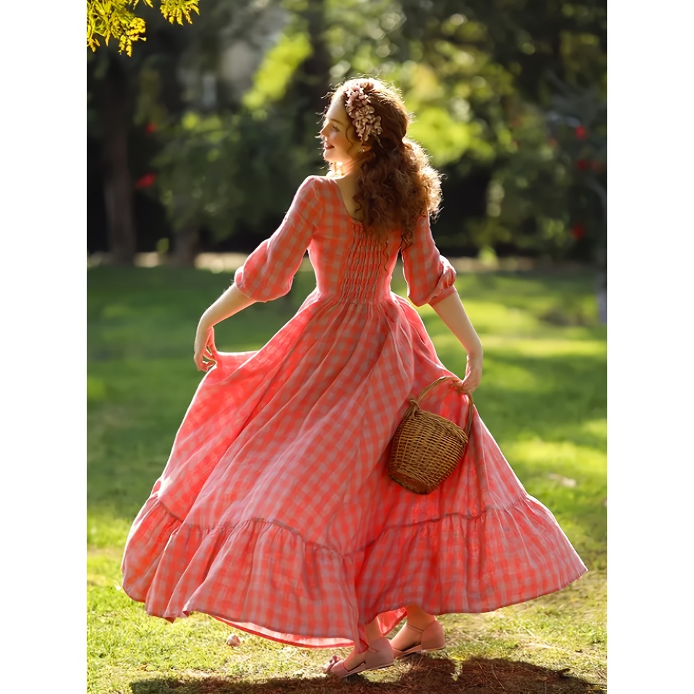 French Vintage Square Neck Puff Sleeve Dress for Women, Pink Plaid Maxi Swing Skirt in Country Style - Perfect for Holiday Getaways, Picnics and Parties