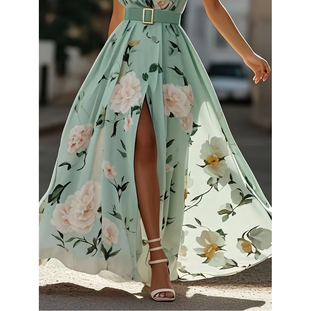 Women'S Elegant Floral maxi dress - One Shoulder Formal & casual party, Wedding Guest Gown - Lightweight Chiffon A-Line Dress with Flowy Train - Spring/Summer/Fall Evening Outfits - LL168, Spring Fashion, Asymmetrical Hemline, Delicate Detailing