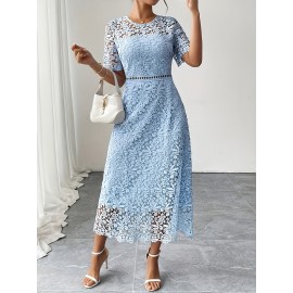 Women'S Elegant Long Formal/semi-formal Dress - Flowy A-Line Party Wedding Guest Gown, Round Neck Short Sleeve Evening Dress for Women, Special Occasion, Feminine Design, Delicate Lace, Lace Detailing, Bridal Guest