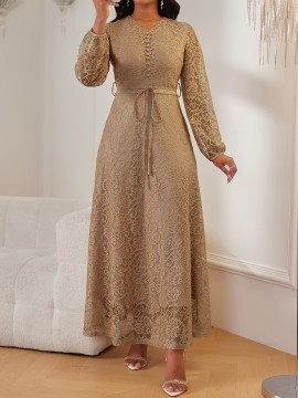 Women's Elegant Beige V-Neck Long Sleeve Dress with Puff Sleeves & Adjustable Waist Tie - A-Line Silhouette Floor-Length Formal Party Wedding Guest Dress, Machine Washable Solid Color HRYY332, Evening Gown, Highquality Material, Tailored Fit, Adult Women
