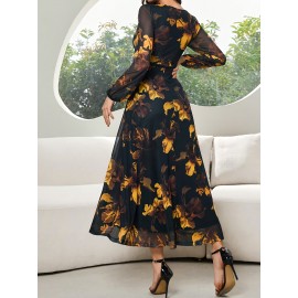 Print Women'S Long Sleeve Slim Fit Dress with Cross Neckline & Lantern Sleeves - A-Line Silhouette, Black & Golden Floral Print, All-Season Versatile Wear, Elegant Event Attire | Aline Silhouette | Sophisticated Style