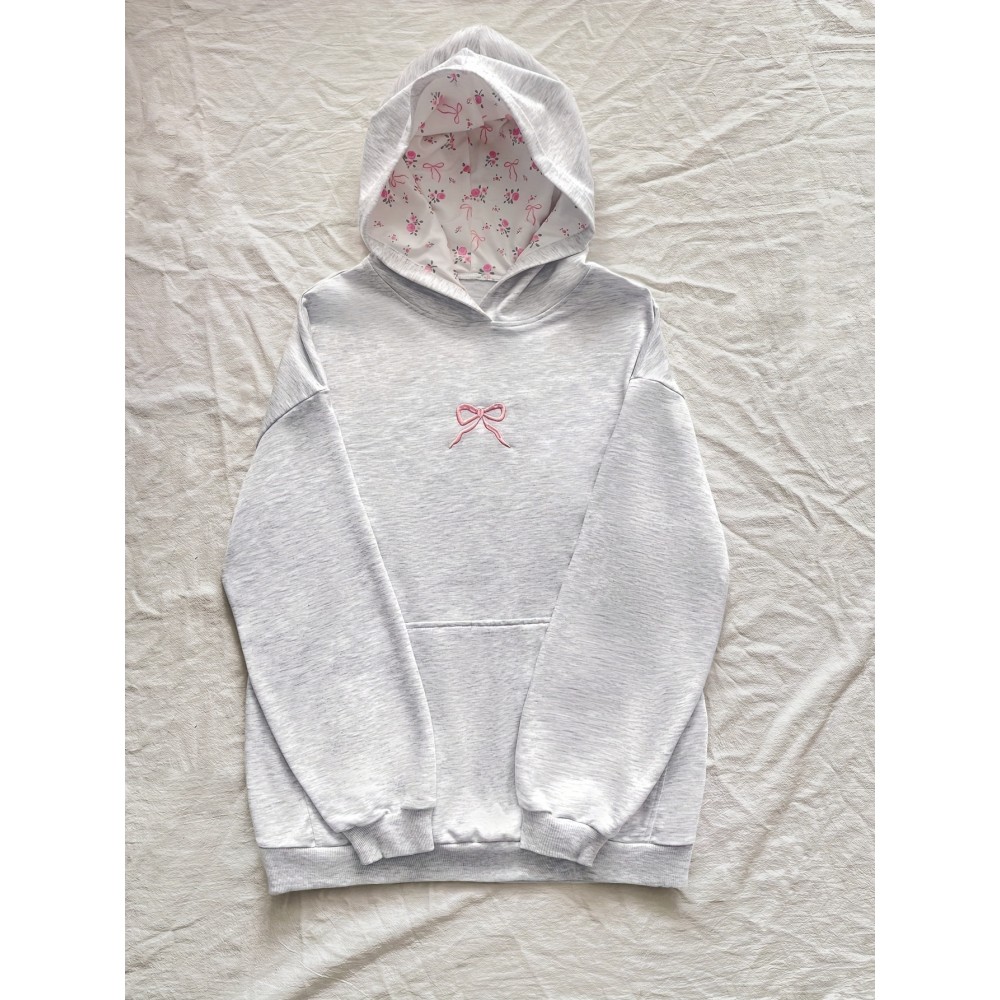 Women'S Casual Hoodie with Bow & Floral Design - Oversized Long Sleeve Pullover, Light Gray with Pink Accents, Easy to Match with, Spring/Summer/Fall Style, Autumn Casual Wear | Casual Style Hoodie | Construction, Essential Hoodie