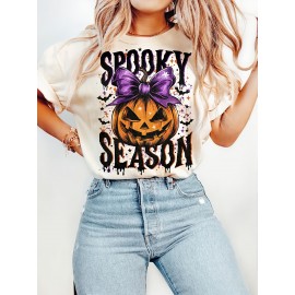 Women's Halloween Spooky Season T-Shirt - Oversized Casual Short Sleeve Round Neck with Jack-O'-Lantern & Bats Print, Purple Bow Accent - Lightweight 100% for Fall Parties & Casual Attire - Machine Washable Year-Round Comfort
