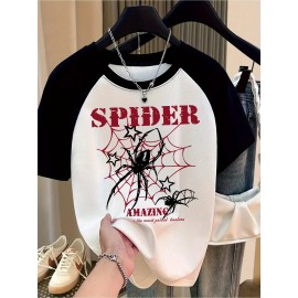 Women'S Spider Graphic T-Shirt - White & Black Color Block, Casual Crew Neck Short Sleeve Tee with 