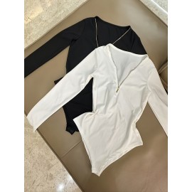 Set of 3 Autumn and Winter V-Neck Ribbed Zipper Stretch Comfortable Versatile Long-Sleeve Pullover Jumpsuit