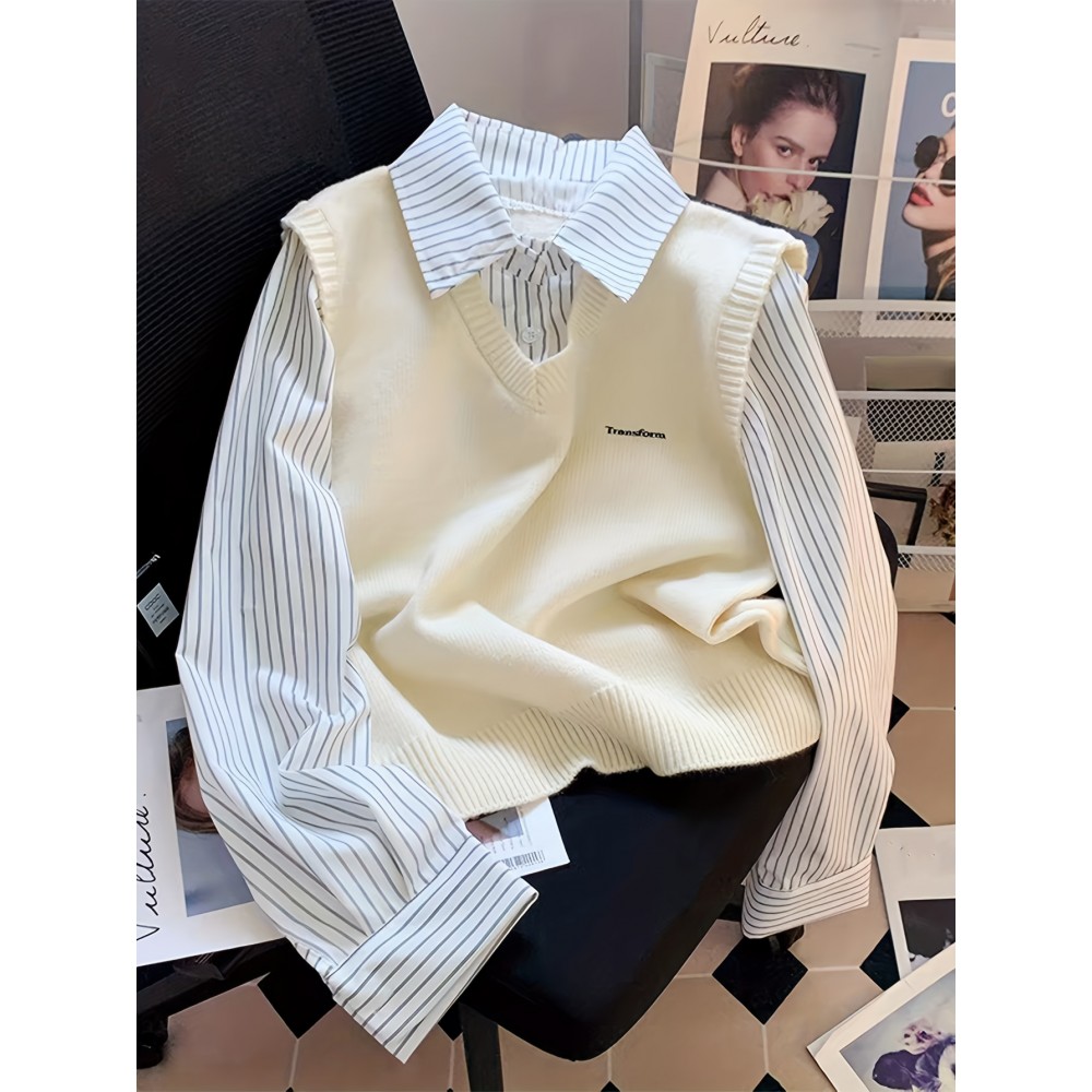 Women's Elegant Collar Sweater - Two-in-One Mock Layering Design, All-Season Office & Formal Events Sweater in Grey & Blue Horizontal Stripes, Non-Transparent Sweater for Women, Ladies Sweaters, Comfortable Fit