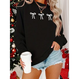 [Cozy Plus Size Sweatshirt] Polyester Plus Size Women's White Bow Print Sweatshirt - Cozy, Comfortable, Machine Washable Fall & Winter Pullover with Digital Butterfly Design