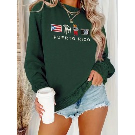 [Graphic Print Sweatshirt] Polyester Women's Puerto Rico Graphic Print Sweatshirt | Oversized Fit, Crew Neck Long Sleeve Pullover, Geometric Pattern with Applique Detail | Casual for Fall/Winter, Machine Washable