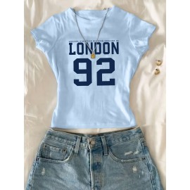 Women's White Crop T-Shirt - London '92 Numeric Graphic Tee - Stretchy Casual Summer Top - Vintage Streetwear Everyday Shirt - Non-See Through Crop Top for Women, Ladies T Shirts, Relaxed Fit Tee, Nontransparent Fabric